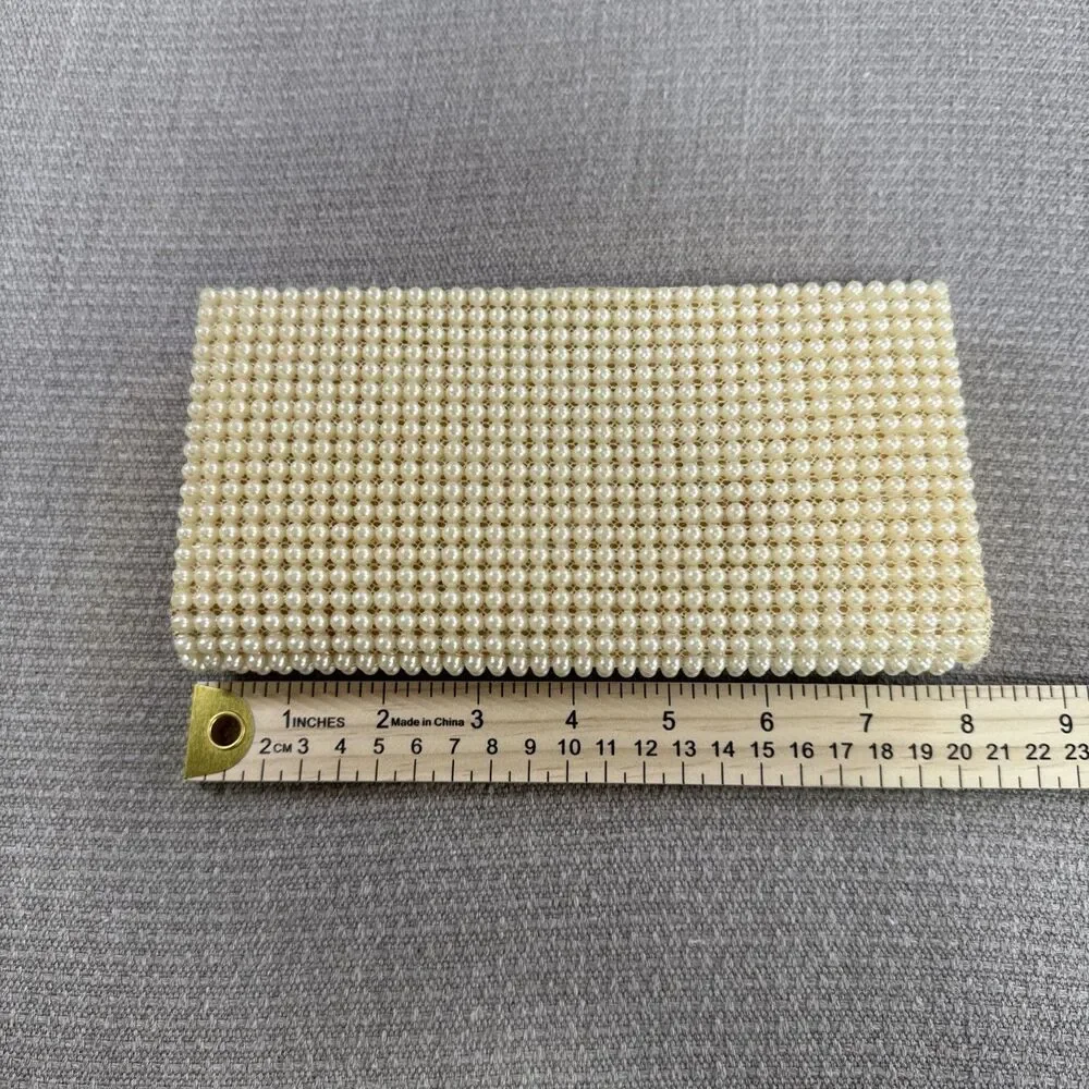 Vintage Faux Pearl Clutch Purse Gold Tone Frame Bag Mid Century MCM Glam Classy
